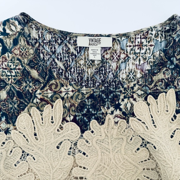 Vintage America Blues Ladies Peasant Pull Over Blouse Size Large Tan Lace Panels - Picture 4 of 16